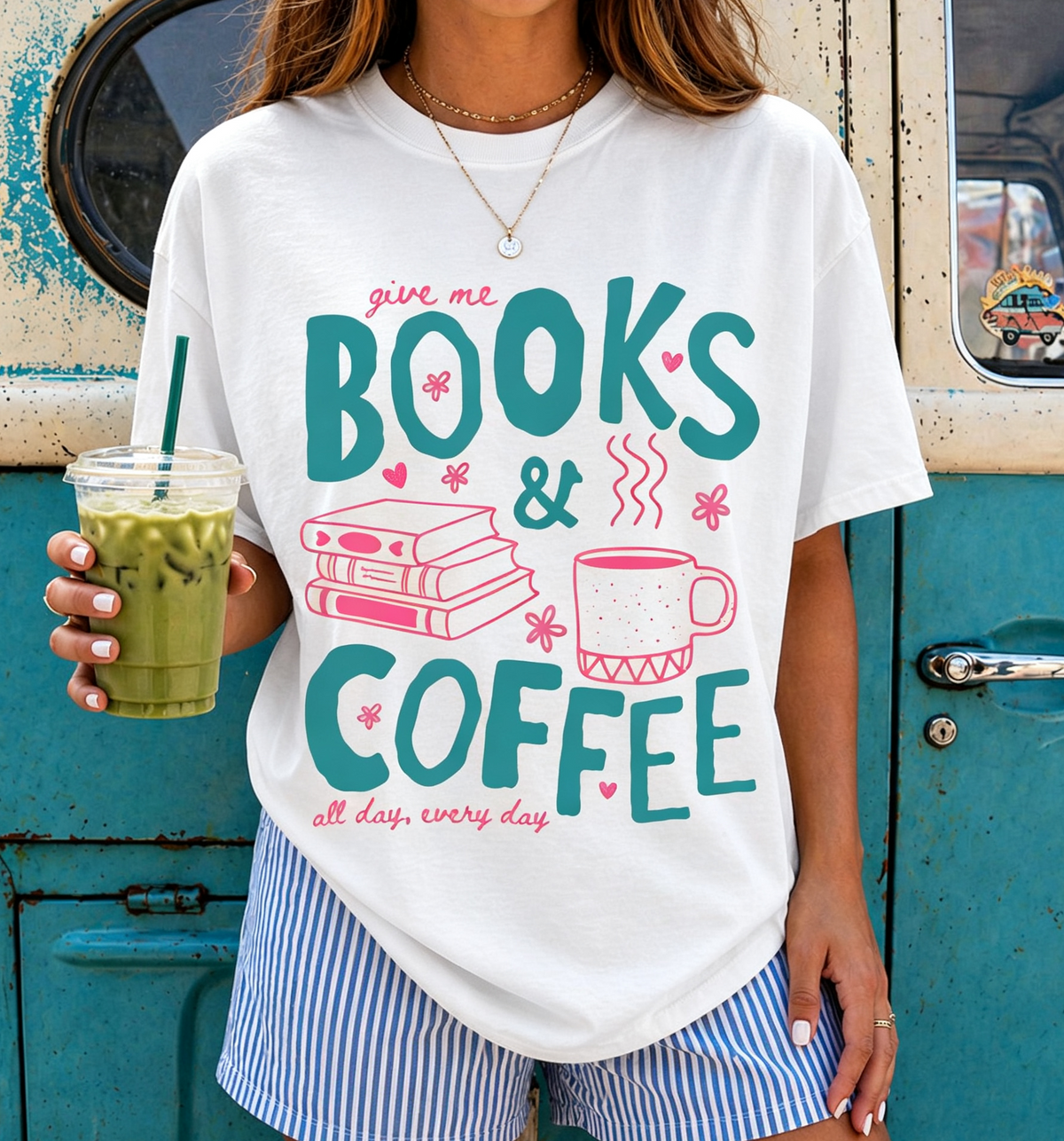 Books and Coffee Graphic T‑Shirt, Cute Book Lover Reading Short‑Sleeve Tee for Women，Casual Women Clothing