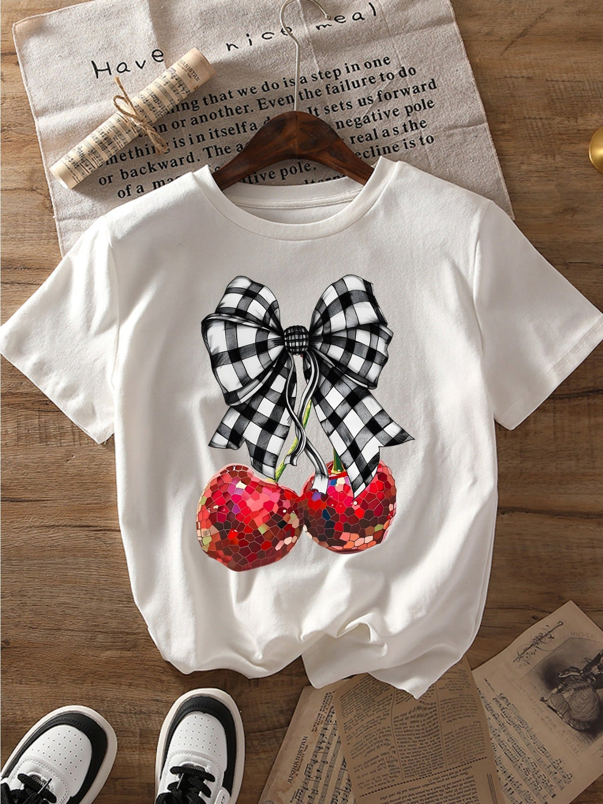 Retro Disco Cherry Bow Graphic T‑Shirt, Black White Gingham Bow Mosaic Cherry Cute Casual Short Sleeve Tee