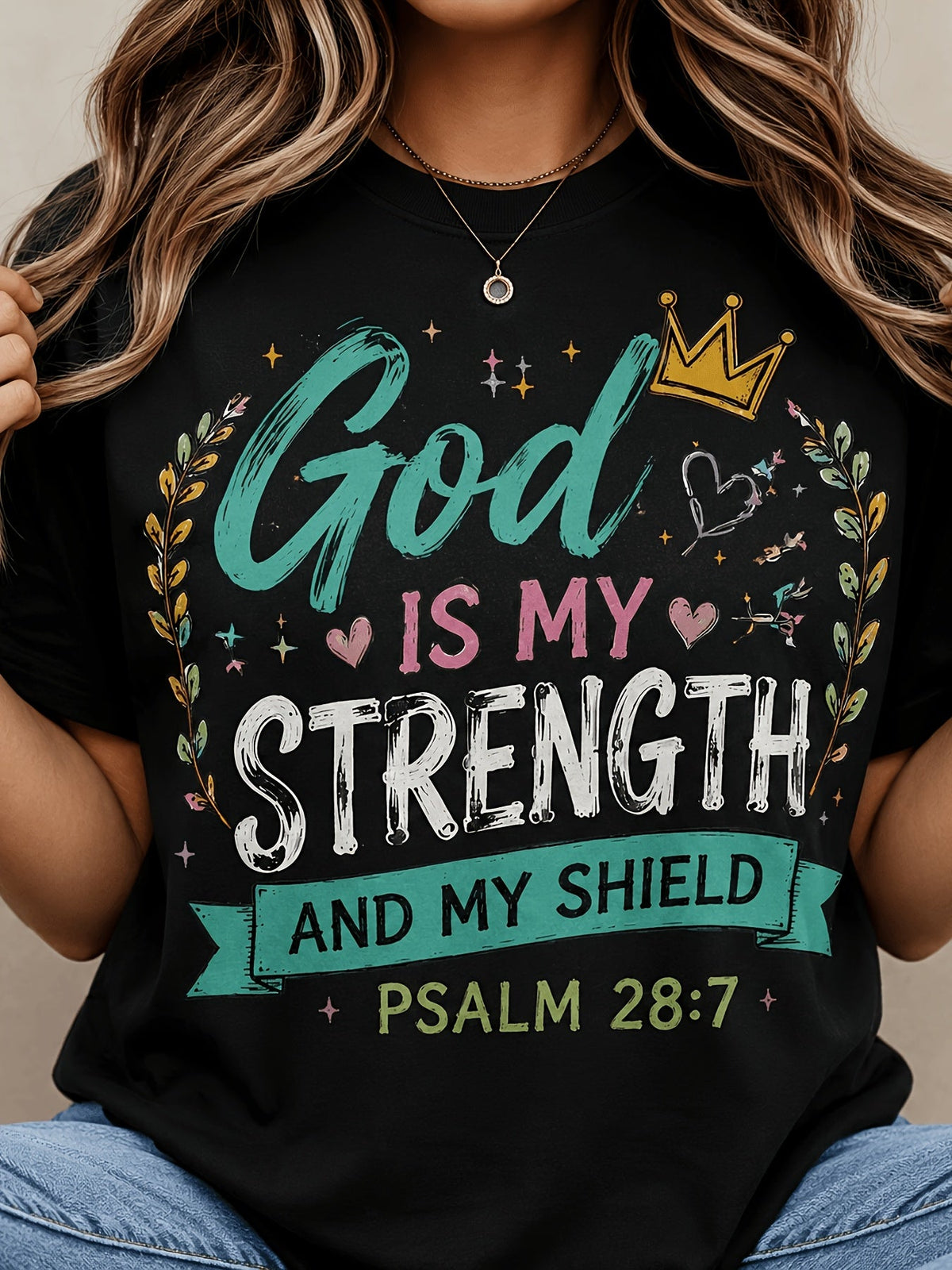 God Is My Strength And My Shield Women's Graphic T‑Shirt, Christian Faith Psalm 28:7 Short‑Sleeve Crew Neck Casual Tee Tops