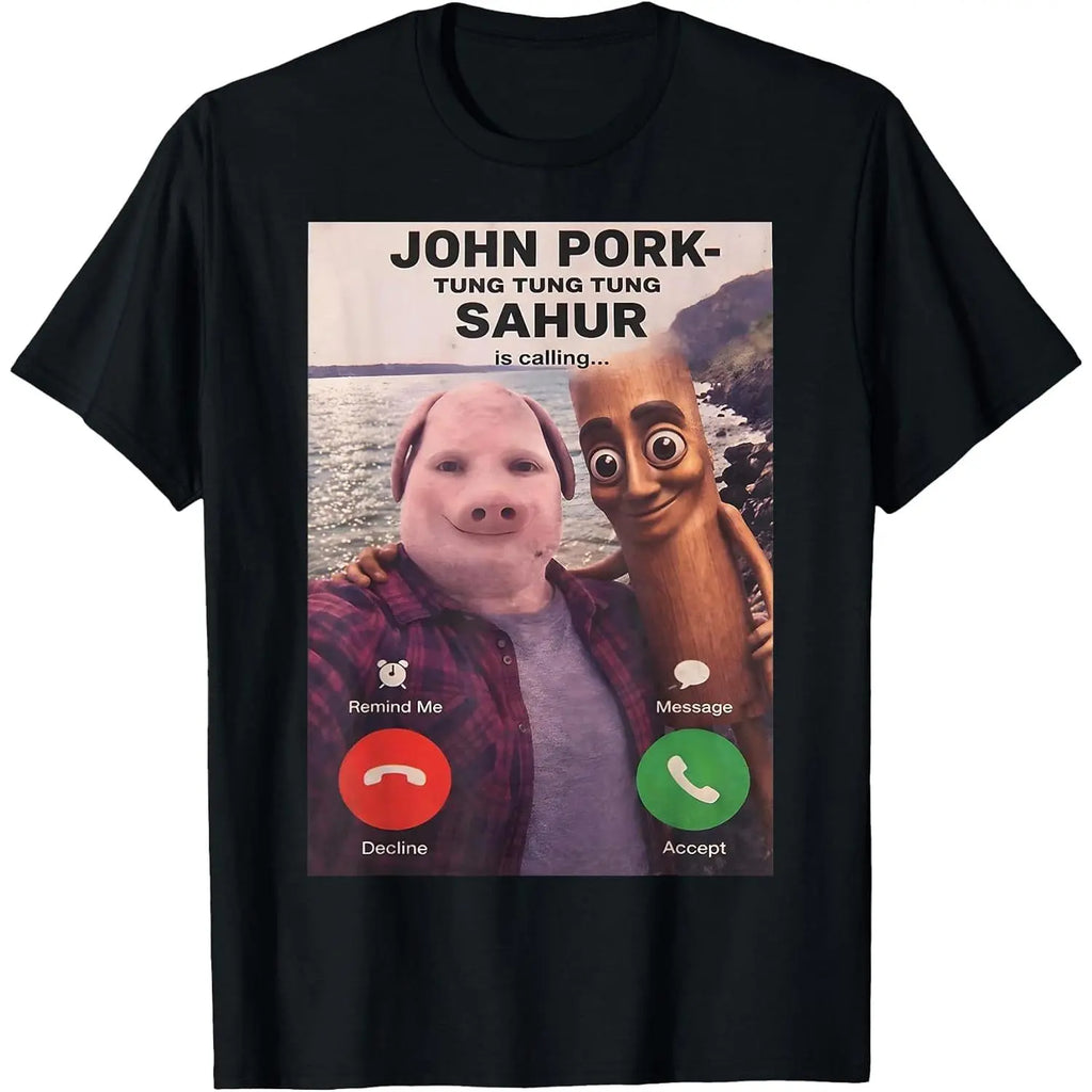 John Pork Calling Brainrot Meme T-Shirt, Unisex Short Sleeve Graphic Crewneck in Soft, Smooth 100% Cotton