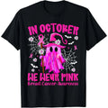 In October We Wear Pink Ghost Witch Graphic T‑Shirt For Women, Women Clothing, Breast Cancer Awareness Pink Ribbon Halloween Print Top Tees S‑5XL
