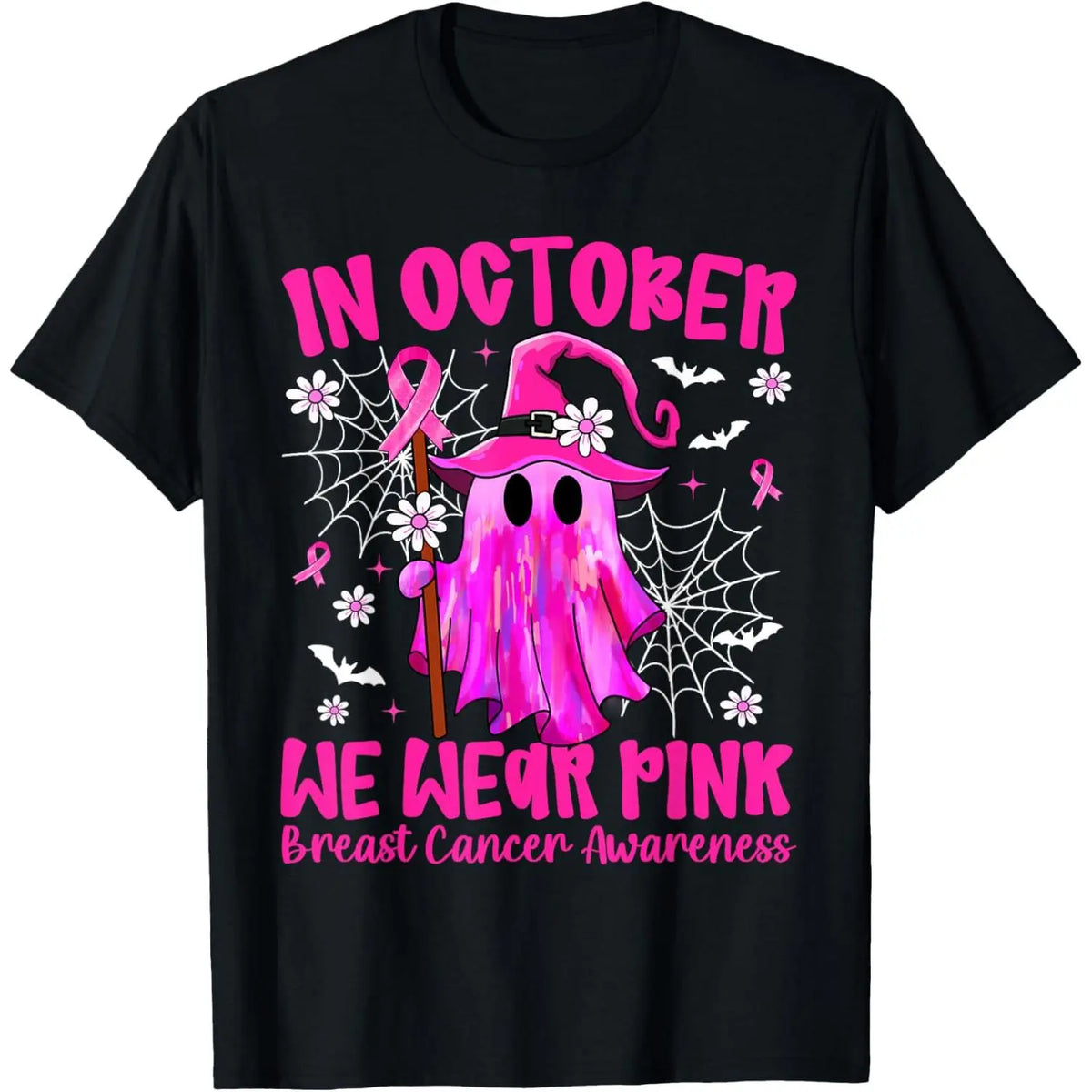 In October We Wear Pink Ghost Witch Graphic T‑Shirt For Women, Women Clothing, Breast Cancer Awareness Pink Ribbon Halloween Print Top Tees S‑5XL