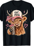 Cute Highland Cow Hot Mess Graphic T‑Shirt, Western Leopard Print Cowgirl Casual Short Sleeve Tee