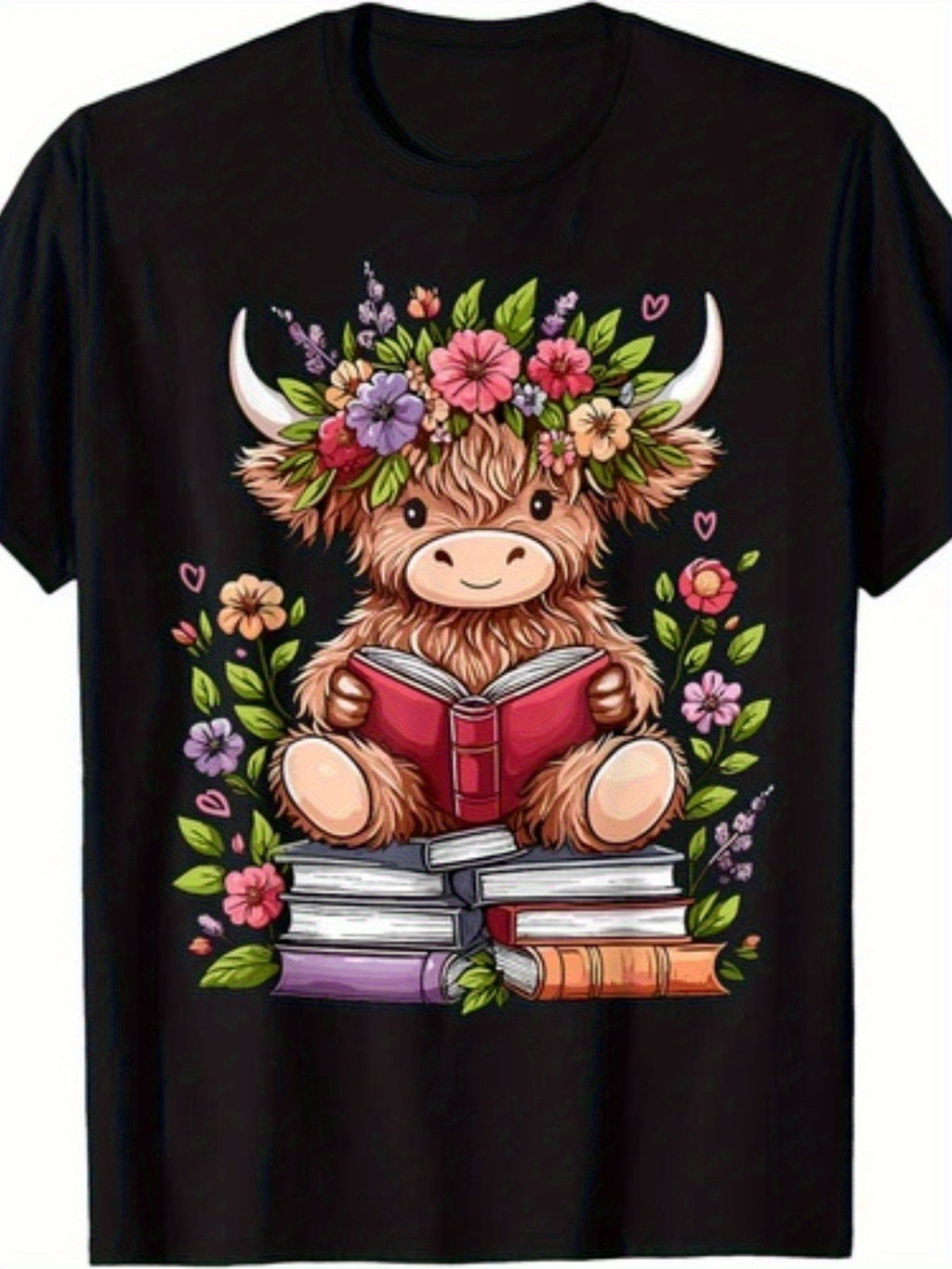 Adorable Baby Highland Cow Featuring a Bookworm Design on a Short-Sleeved Crew Neck T-Shirt