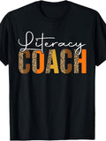 Literacy Coach Leopard Print Fall Letter Graphic Casual Crewneck T‑Shirt Reading Teacher Appreciation Gift Top
