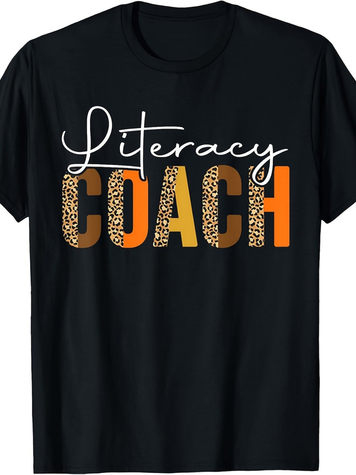Literacy Coach Leopard Print Fall Letter Graphic Casual Crewneck T‑Shirt Reading Teacher Appreciation Gift Top