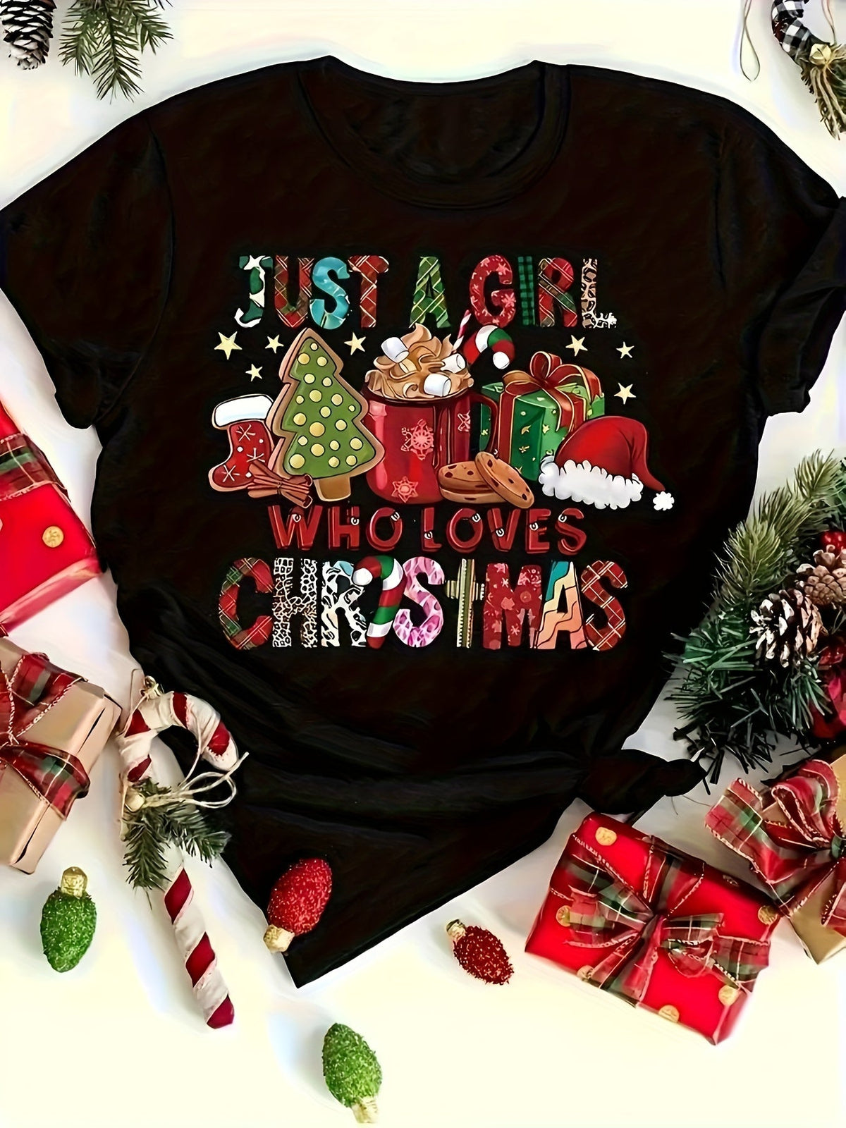 Women's Christmas Graphic Crew-Neck T-Shirt, Just a Girl Who Loves Christmas Print Short-Sleeve Tee, Festive Holiday Casual Top for Winter Women Clothing