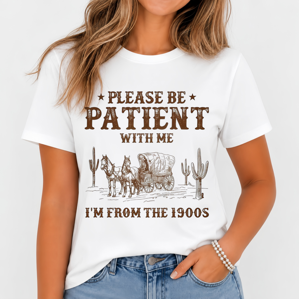 Western-style print crew-neck T-shirt, casual vacation top
