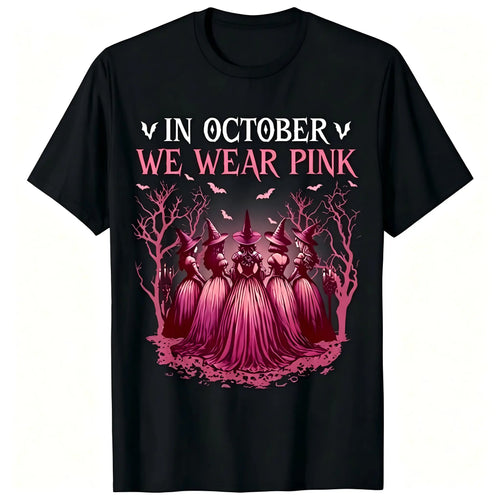 In October We Wear Pink Graphic T‑Shirt, Women Crew Neck Short Sleeve Cotton Tee, Witch Coven Bat Halloween Print, Breast Cancer Awareness Casual Top for Women
