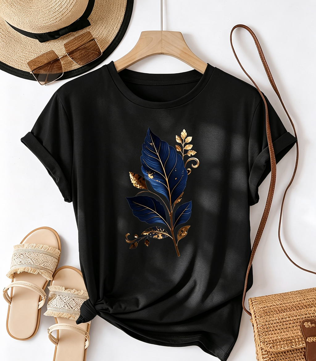 Vintage Botanical Leaf Graphic T‑Shirt, Fashionable Soft Stretchy Casual Short‑Sleeve Top For Women