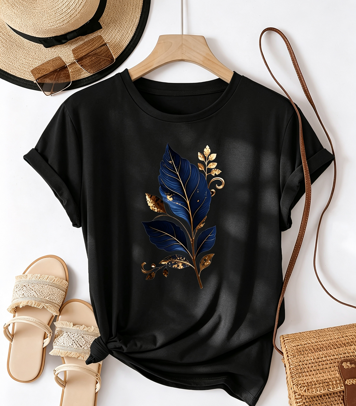 Vintage Botanical Leaf Graphic T‑Shirt, Fashionable Soft Stretchy Casual Short‑Sleeve Top For Women
