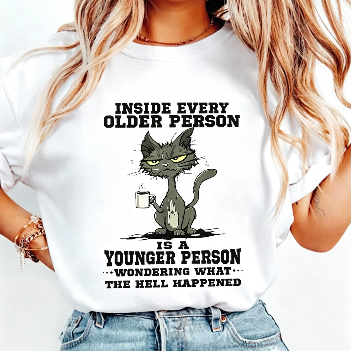 Funny Cat Meme Graphic T‑Shirt, Sarcastic Aging Humor Short‑Sleeve Tee, “Inside Every Older Person Is a Younger Person” Casual Top for Women Men