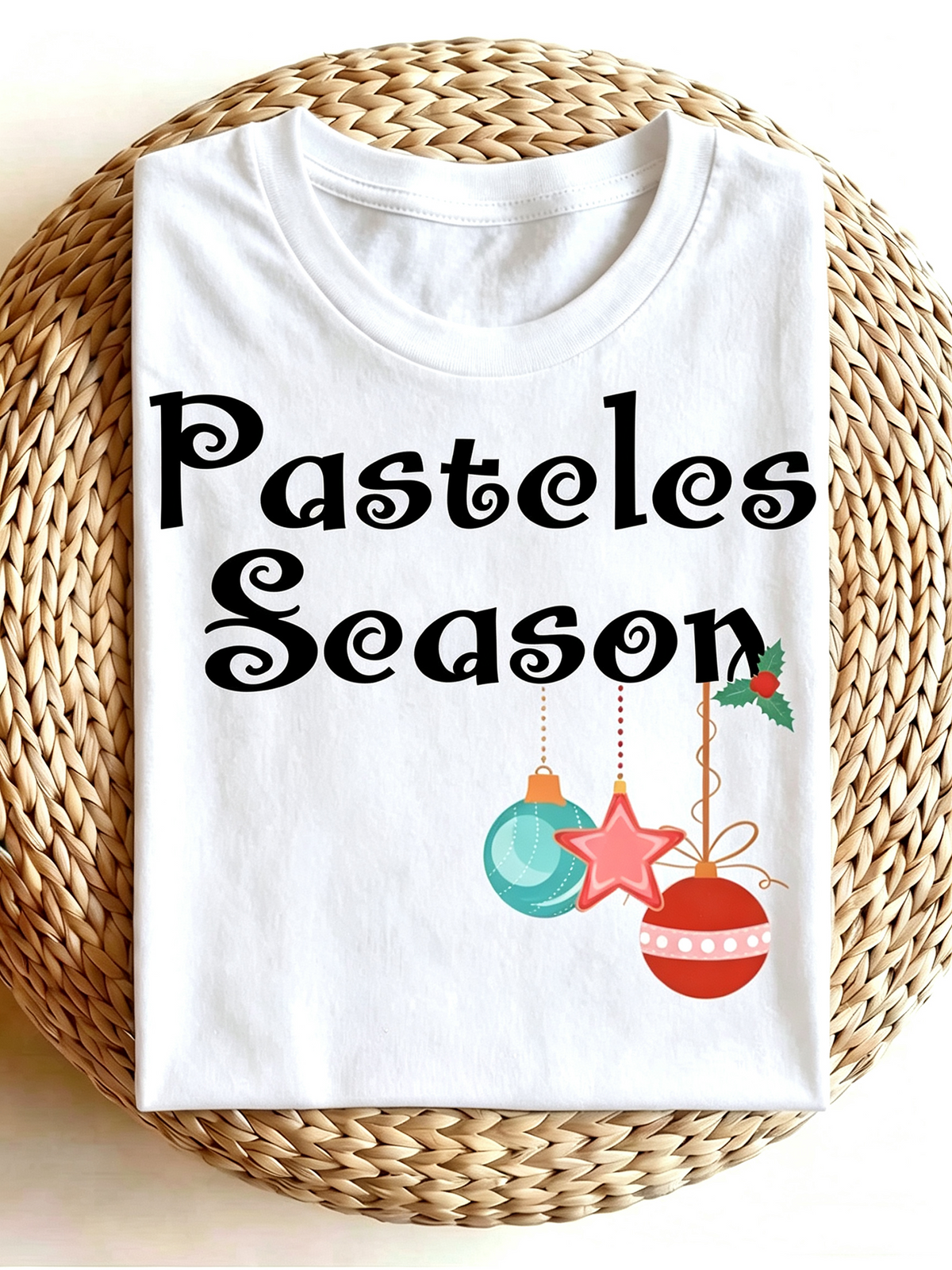 Pasteles Season Christmas Ornaments Graphic Casual Crewneck T‑Shirt Holiday Festive Top For Latin Family