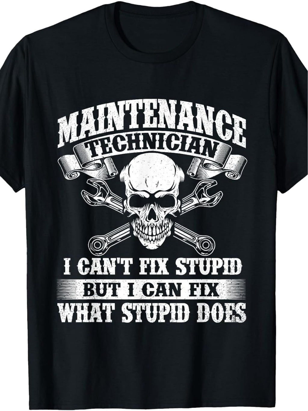 Maintenance Technician Graphic T‑Shirt, Skull Wrench Vintage Distressed Short Sleeve Tee for Men