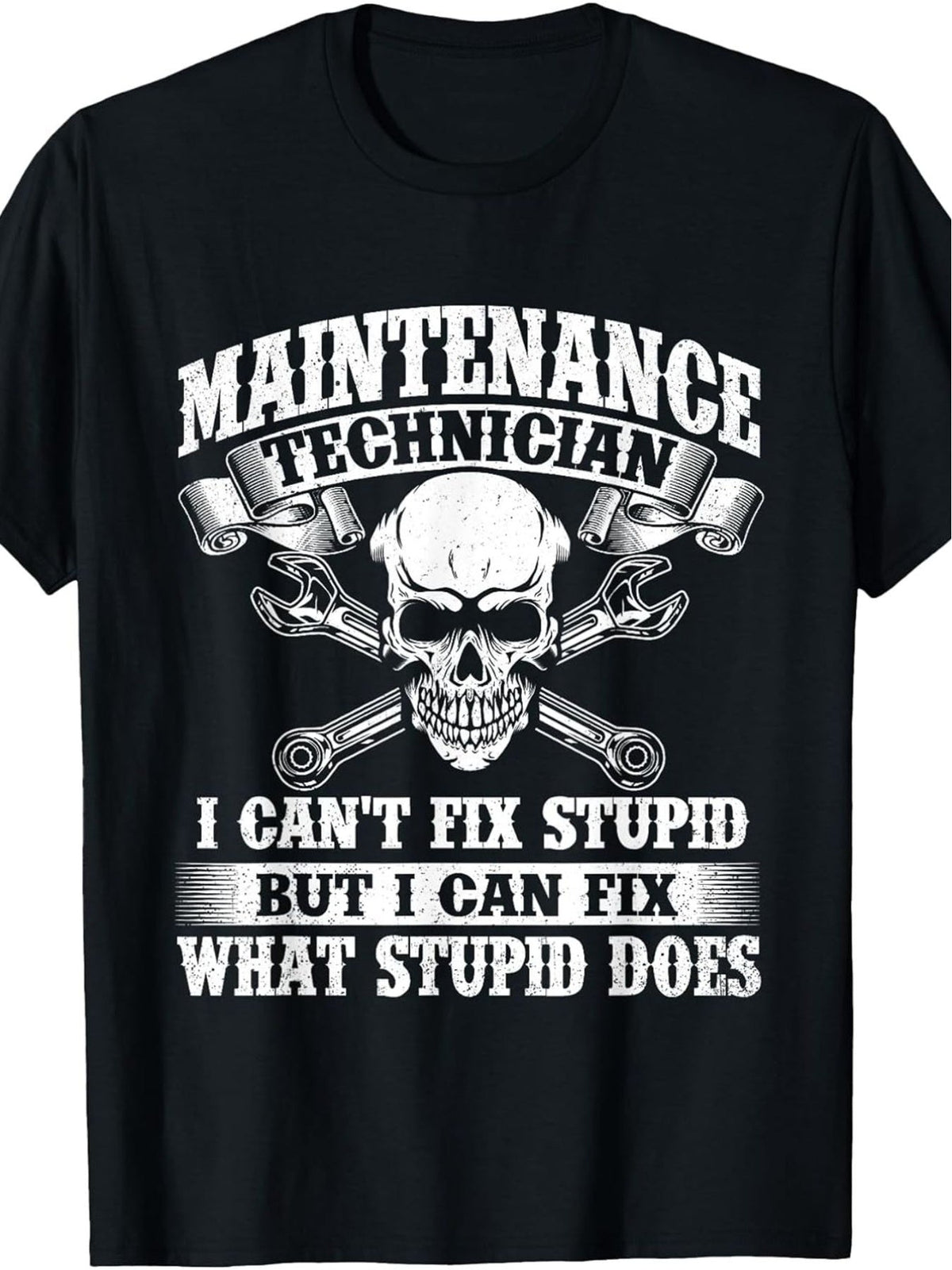 Maintenance Technician Graphic T‑Shirt, Skull Wrench Vintage Distressed Short Sleeve Tee for Men