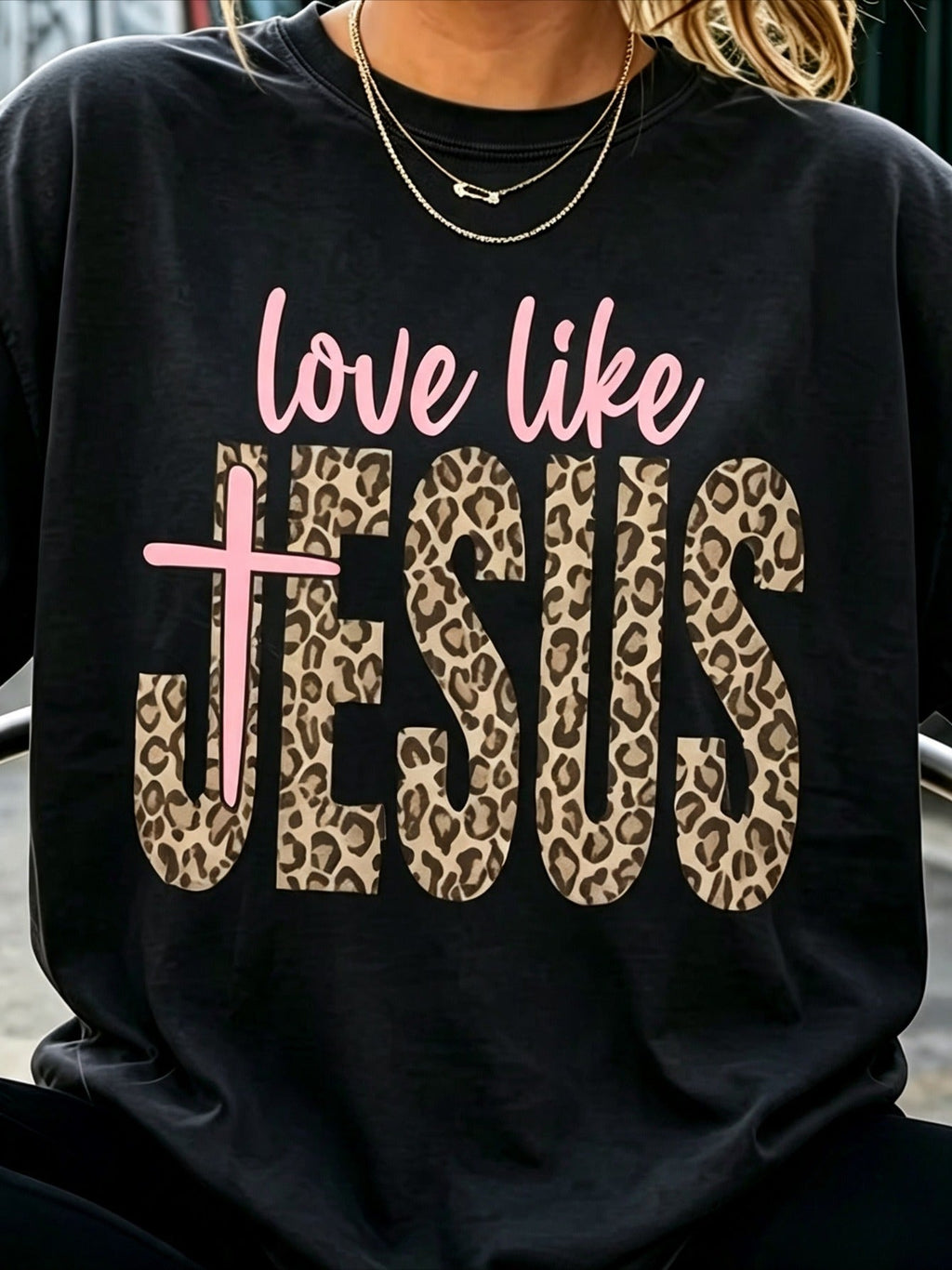 Women's Love Like Jesus Long Sleeve T-Shirt Leopard Print Cross Pink Lettering Christian Faith Graphic Crew Neck Top