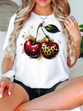 Women's TShirt Matching Fashion Cherry Print Casual Round Neck Short Sleeve Tops