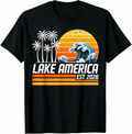 Lake America Graphic T‑Shirt, Retro Sunset Palm Tree Wave Print Short‑Sleeve Tee for Men and Women