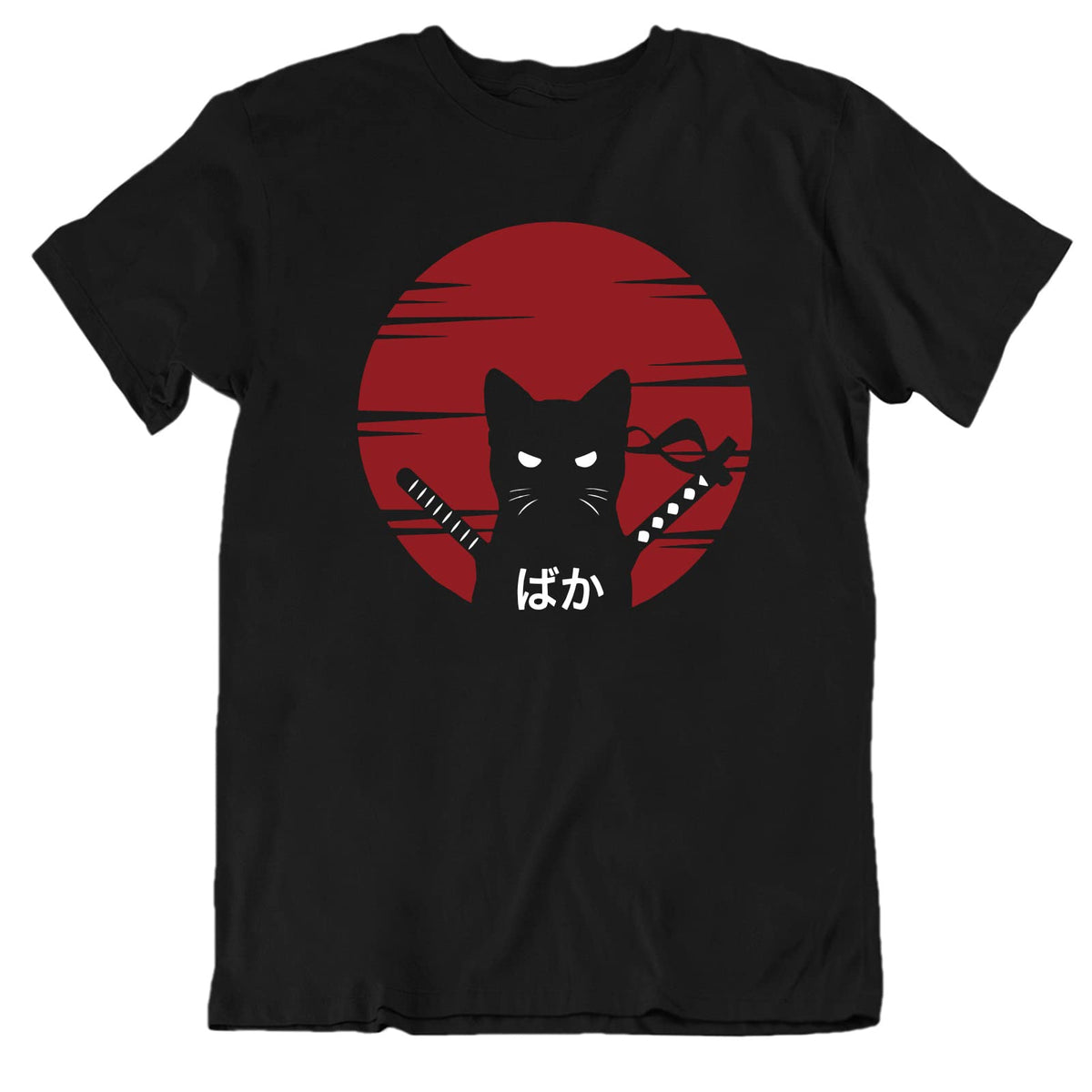Funny Samurai Cat Graphic Crew‑Neck T‑Shirt for Men, Retro Japanese Style Kitten Print Casual Short‑Sleeve Streetwear Tee Men Tshirts