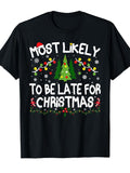Men's Most Likely To Be Late For Christmas Graphic T‑Shirt, Funny X‑mas Tree Lights Snowflake Candy Cane Holiday Short Sleeve Casual Tee Top