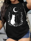 Mystical Graphic T‑Shirt, Two Cats Silhouette Under Crescent Moon Stars Wildflower Rose Witchy Aesthetic Women Short Sleeve Tee