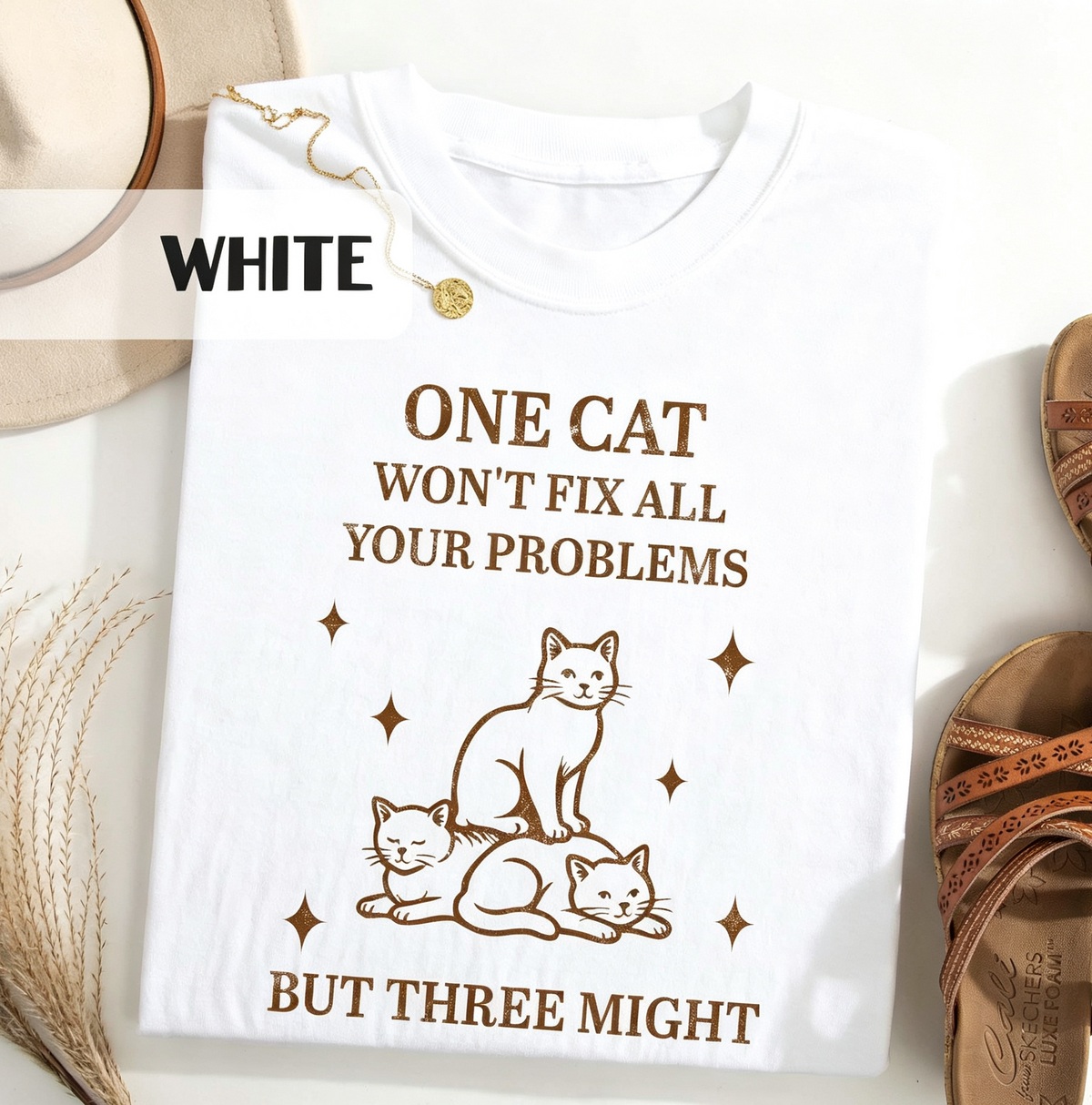 Funny Three Cats Graphic T‑Shirt, “One Cat Won’t Fix All Your Problems But Three Might” Retro Short‑Sleeve Tee, Humorous Casual Top for Cat Lovers