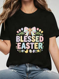Religious Easter T‑Shirt for Women, Blessed Easter Colorful Lettering Floral Cross Easter Egg Casual Fashion Short Sleeve Top