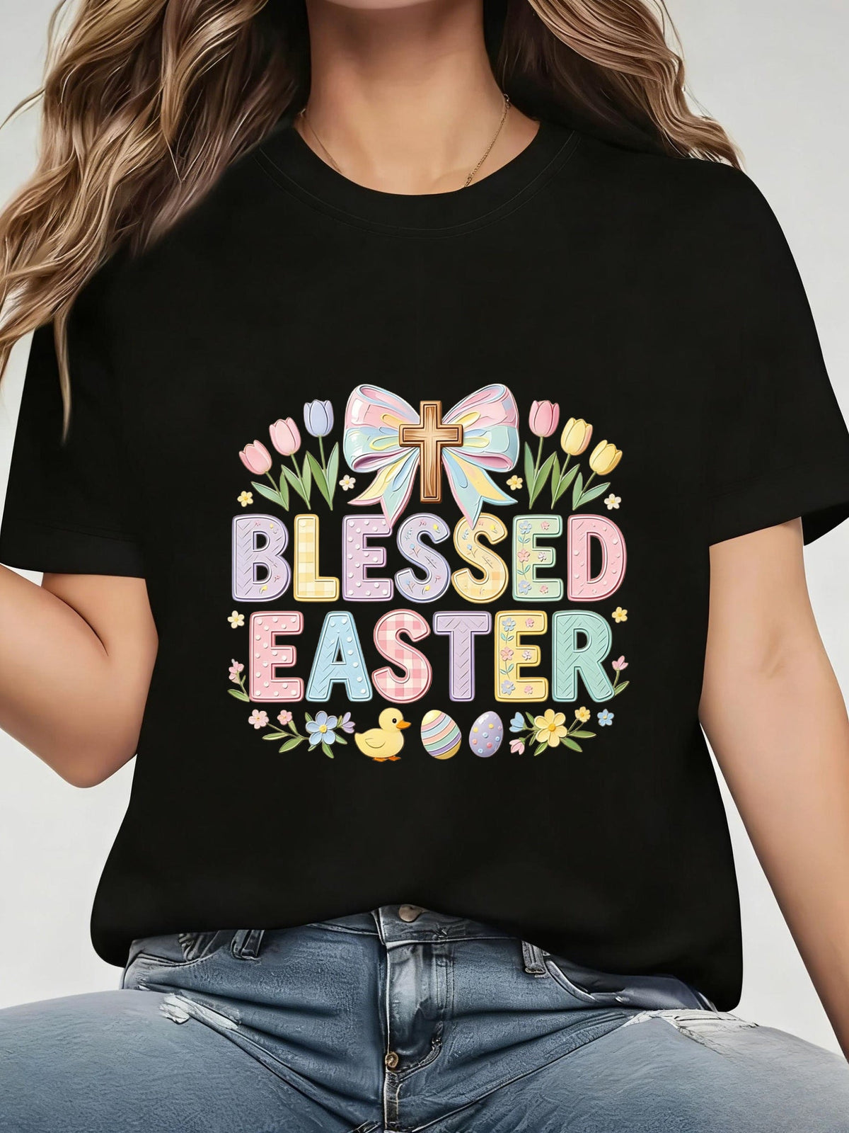 Religious Easter T‑Shirt for Women, Blessed Easter Colorful Lettering Floral Cross Easter Egg Casual Fashion Short Sleeve Top