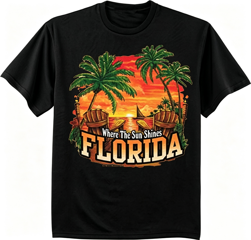 Men’s Florida Sunset Palm Trees Graphic T‑Shirt, Souvenir Beach Vacation Short‑Sleeve Casual Tee，Men Tshirts