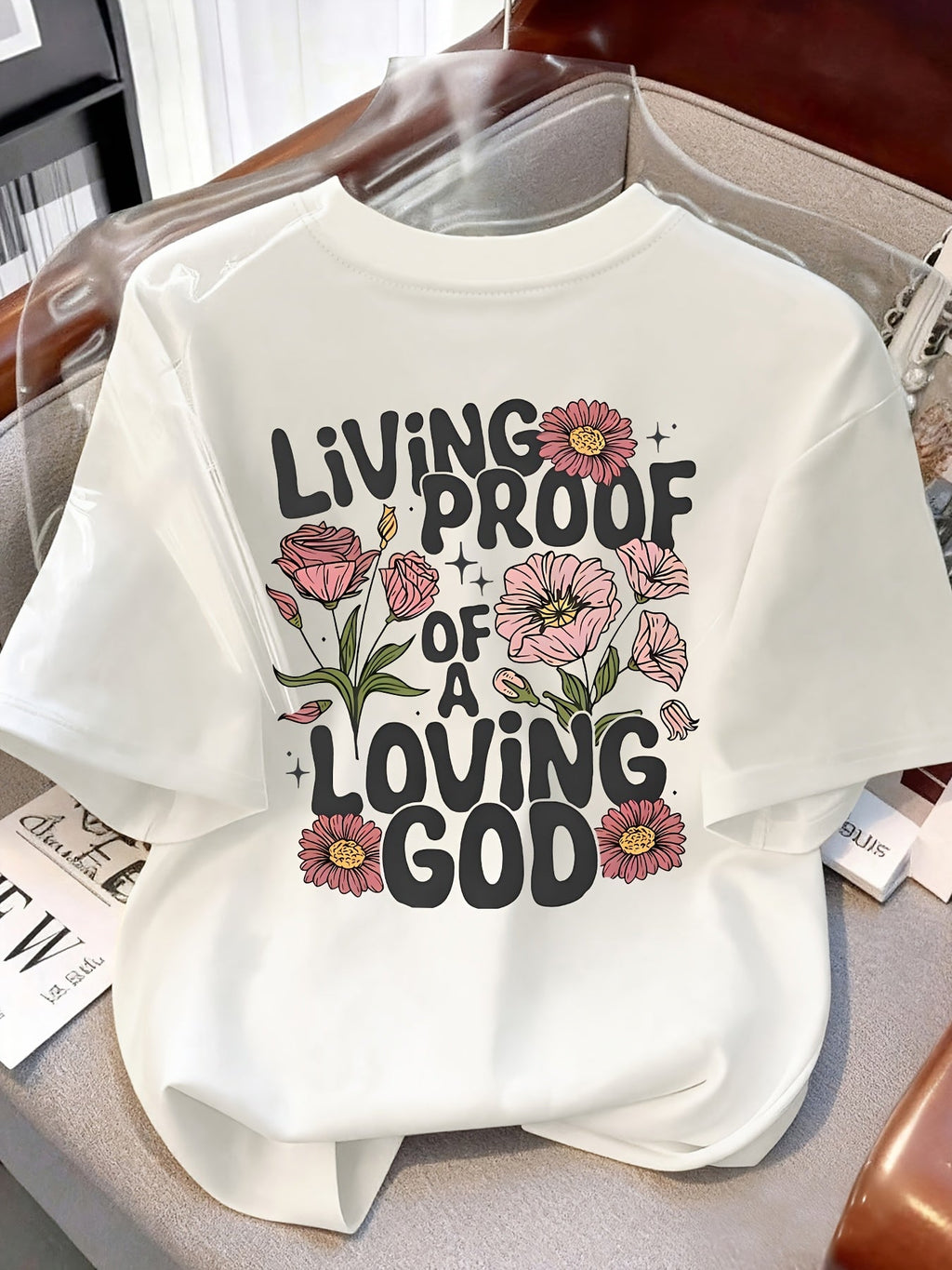 Women's Casual Crew-Neck T-Shirt with Floral and Letter Prints on Both Sides