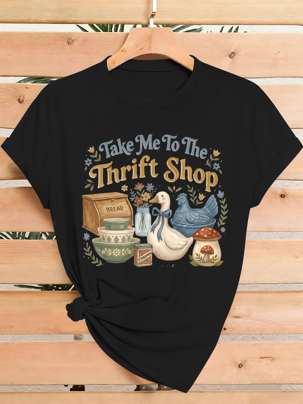 Women's Take Me To The Thrift Shop Graphic T-Shirt, Vintage Duck Chicken Mushroom Print Tee, Cottagecore Farmhouse Casual Top
