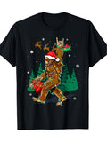 Men's Christmas Bigfoot Graphic T‑Shirt, Santa Hat Bigfoot Rock On Christmas Lights Sleigh Reindeer Holiday Short Sleeve Casual Tee Top