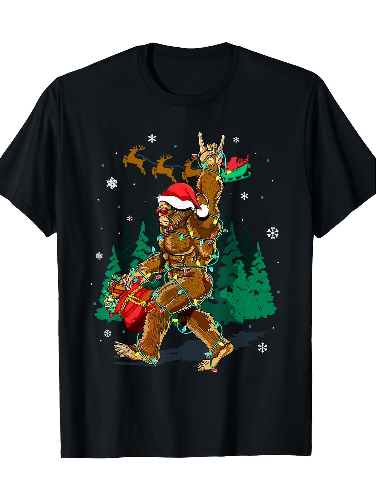 Men's Christmas Bigfoot Graphic T‑Shirt, Santa Hat Bigfoot Rock On Christmas Lights Sleigh Reindeer Holiday Short Sleeve Casual Tee Top