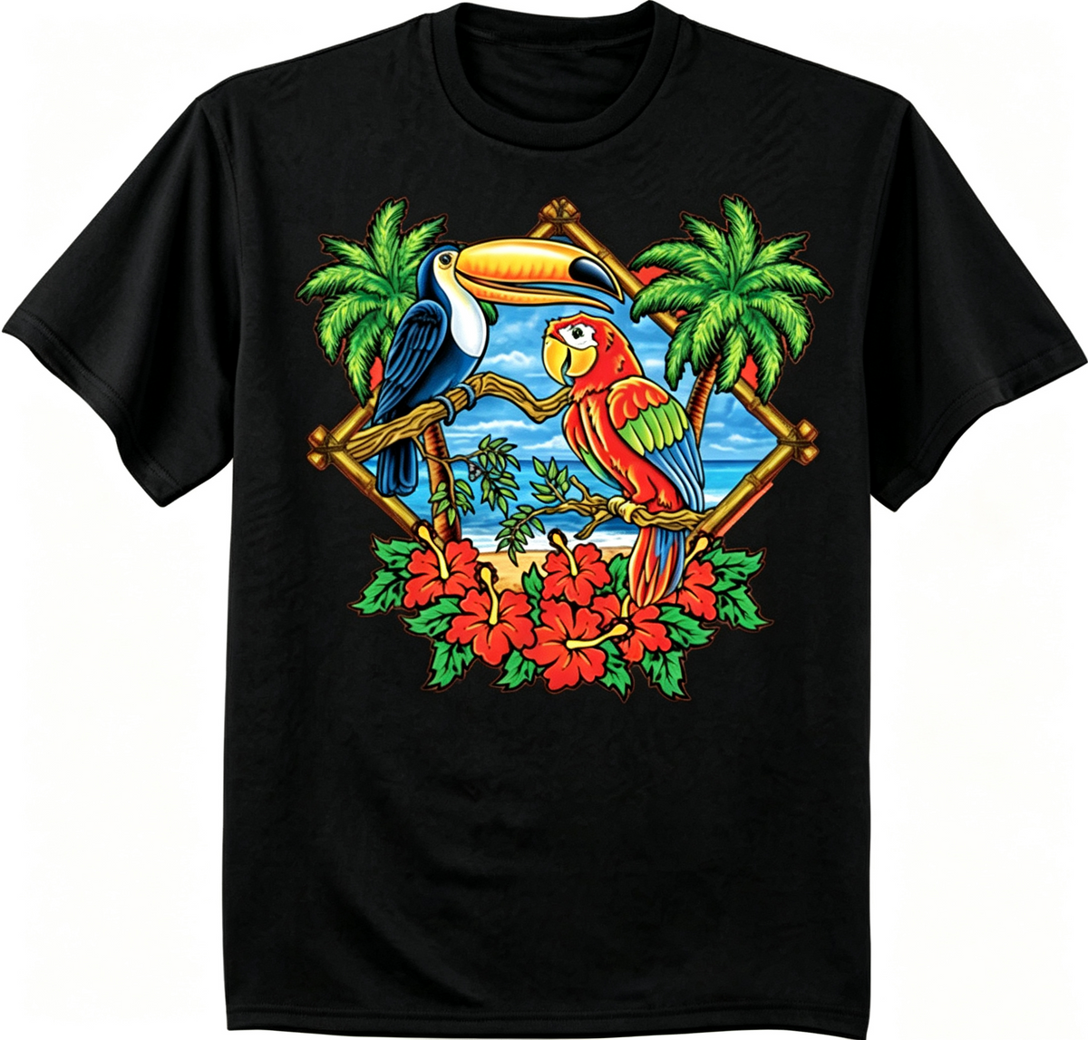 Men’s Tropical Parrot Toucan Graphic T‑Shirt, Nature Wildlife Beach Scene Short‑Sleeve Casual Men Tshirts