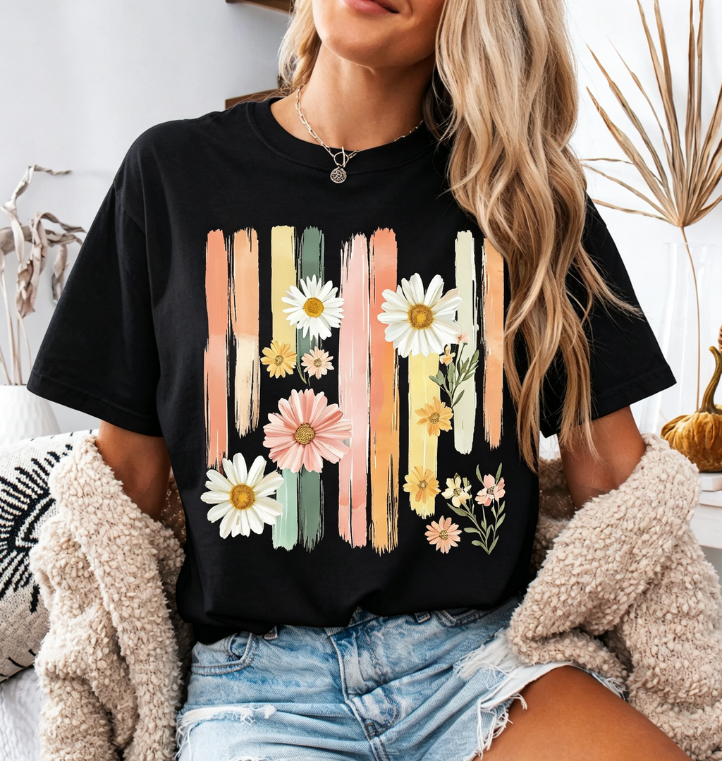 Floral Brushstroke Graphic T‑Shirt, Vintage Botanical Daisy Short‑Sleeve Tee, Spring Flower Women Tshirts