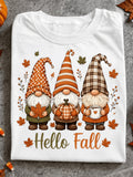 Fall Harvest Gnome TShirt, Hello Fall Three Gnomes Maple Leaves Pumpkin Coffee Mug Casual Short Sleeve Top