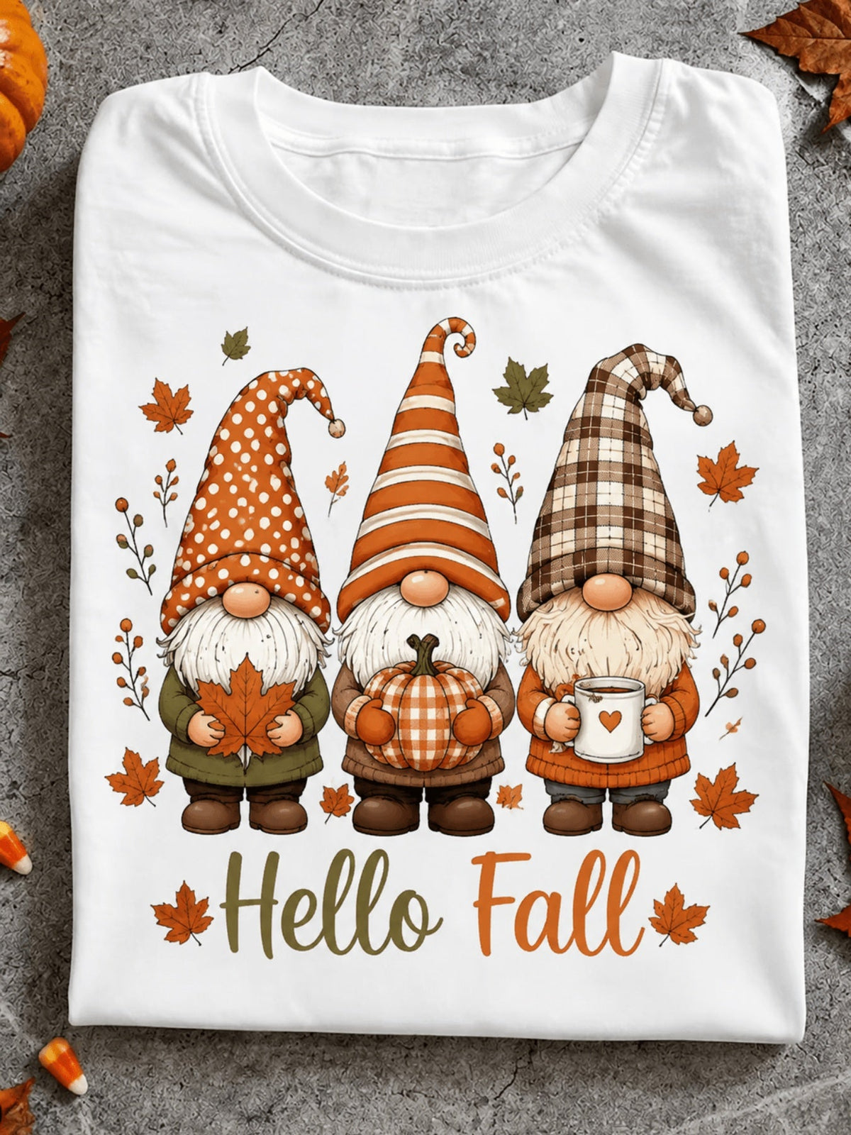 Fall Harvest Gnome TShirt, Hello Fall Three Gnomes Maple Leaves Pumpkin Coffee Mug Casual Short Sleeve Top