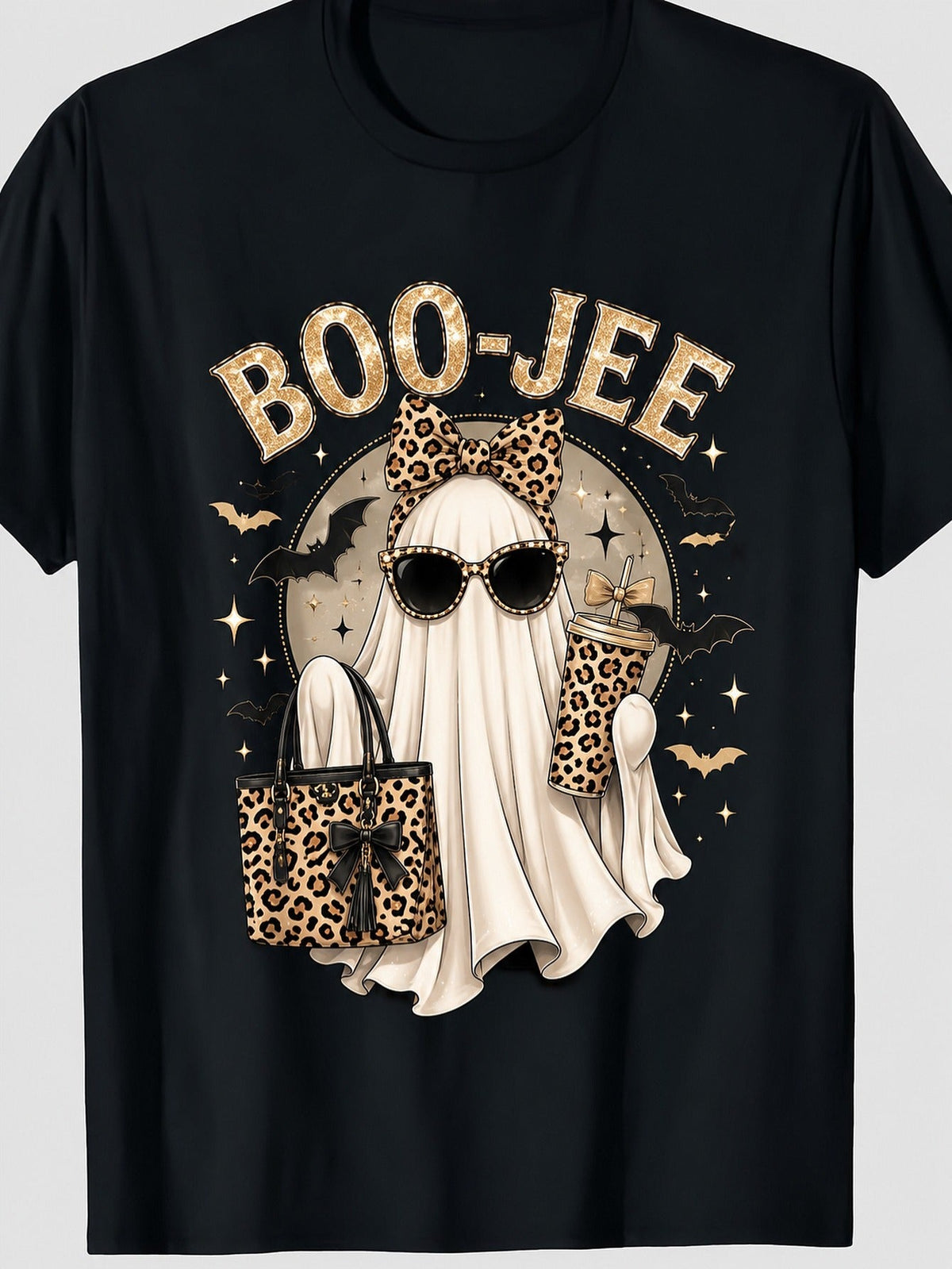 Coquette Leopard Ghost Coffee Boo JEE Halloween Boujee Ghost Graphic Tee for Men Women, Cute Pink Bow Spooky Short Sleeve T-Shirt, Casual Crew Neck Top for Halloween Gift