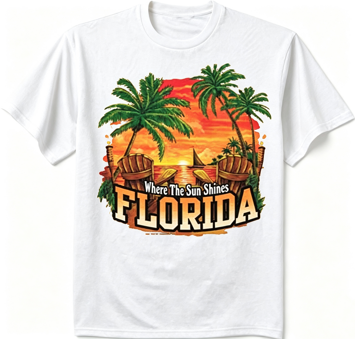 Men’s Florida Sunset Palm Trees Graphic T‑Shirt, Souvenir Beach Vacation Short‑Sleeve Casual Tee，Men Tshirts