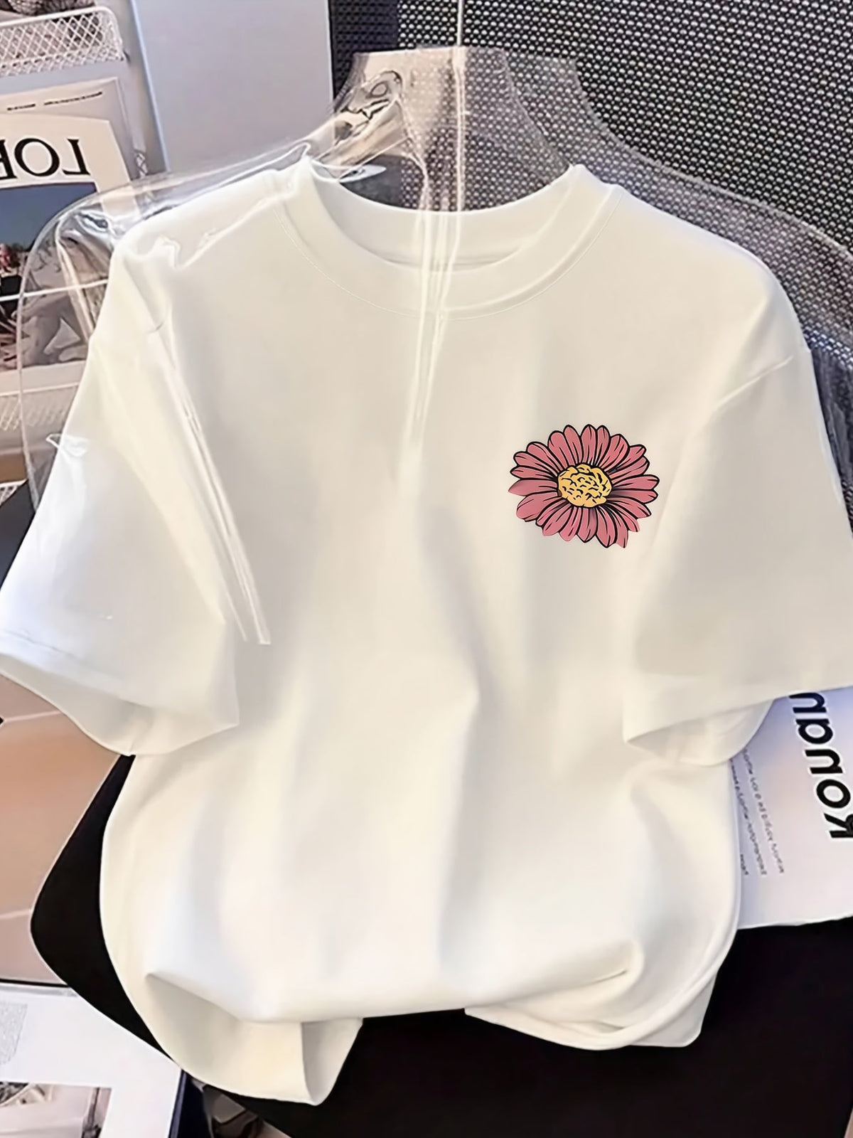 Women's Casual Crew-Neck T-Shirt with Floral and Letter Prints on Both Sides