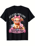 Cute Highland Cow T-Shirt for Women Just A Girl Who Loves Highland Cows Graphic Print Short Sleeve Casual Soft Cotton Feel Tee