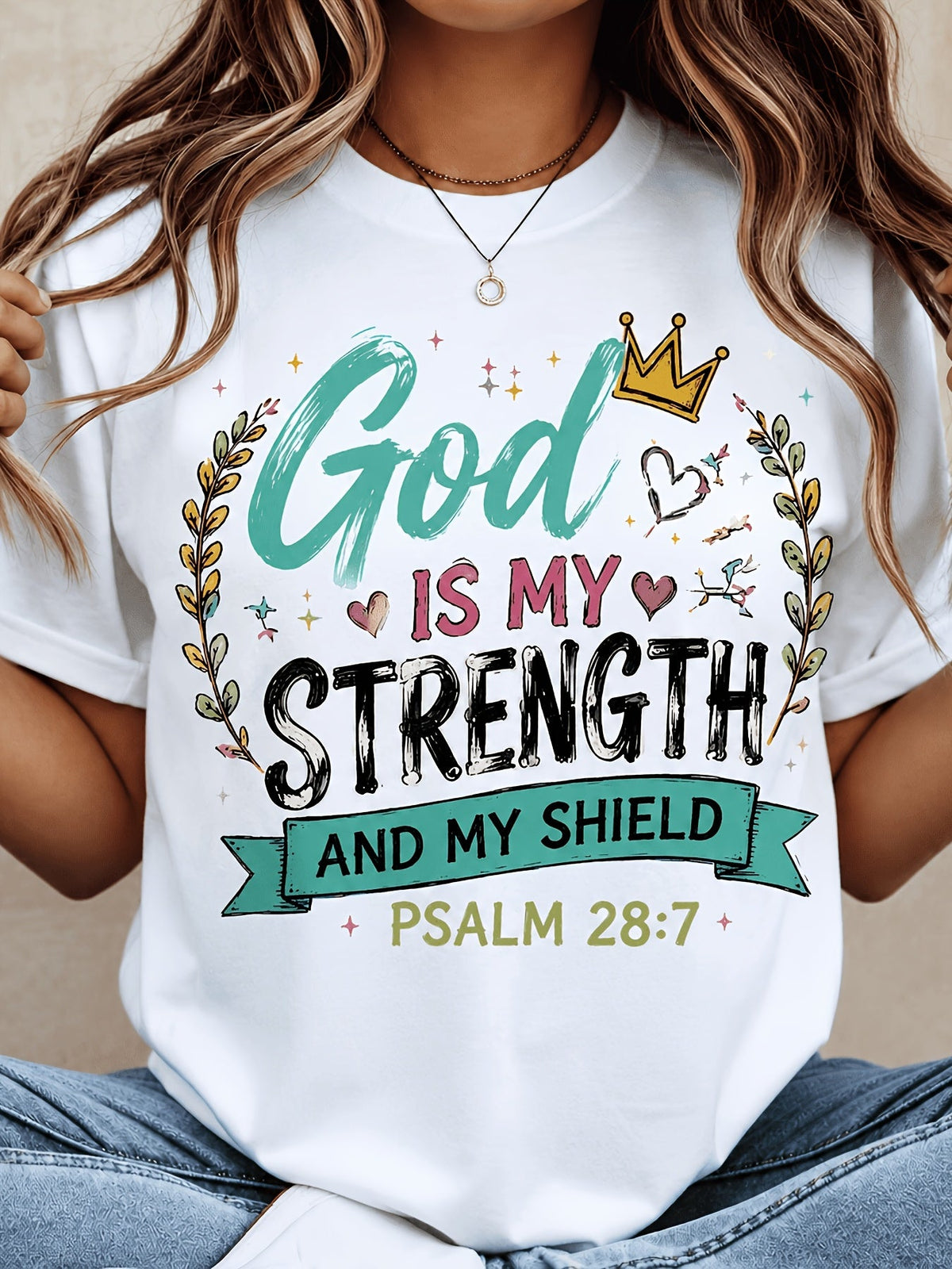 God Is My Strength And My Shield Women's Graphic T‑Shirt, Christian Faith Psalm 28:7 Short‑Sleeve Crew Neck Casual Tee Tops