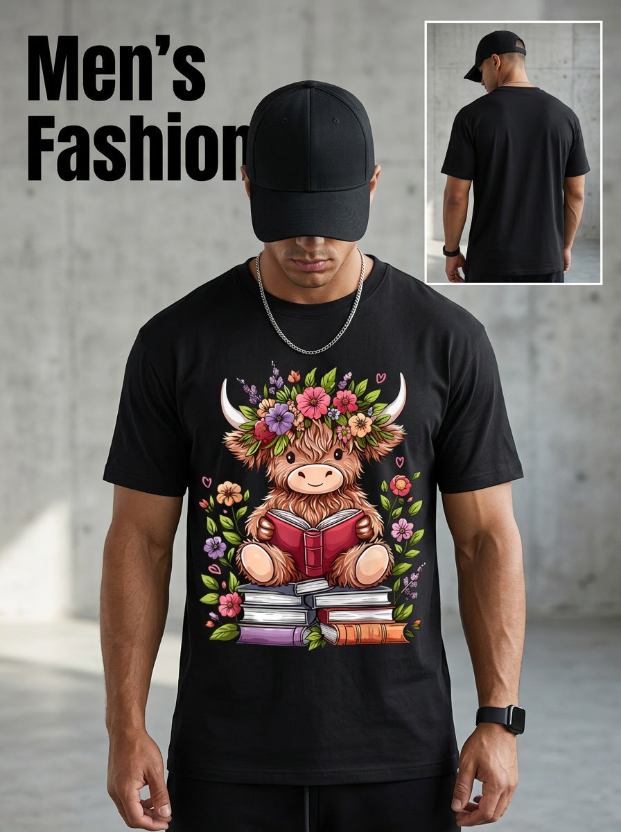 Adorable Baby Highland Cow Featuring a Bookworm Design on a Short-Sleeved Crew Neck T-Shirt