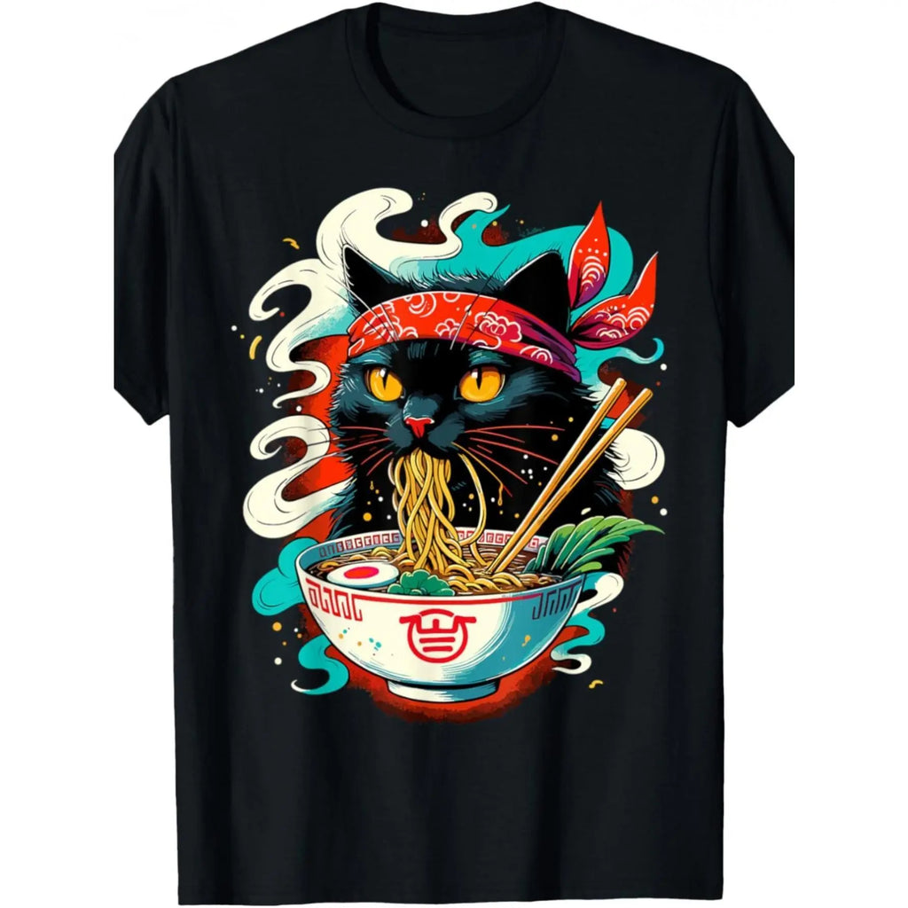 Men's Cute Black Cat Ramen Graphic Crew‑Neck T‑Shirt, Japanese Noodle Bowl Whimsical Art Print Short‑Sleeve Tee Men Tshirts