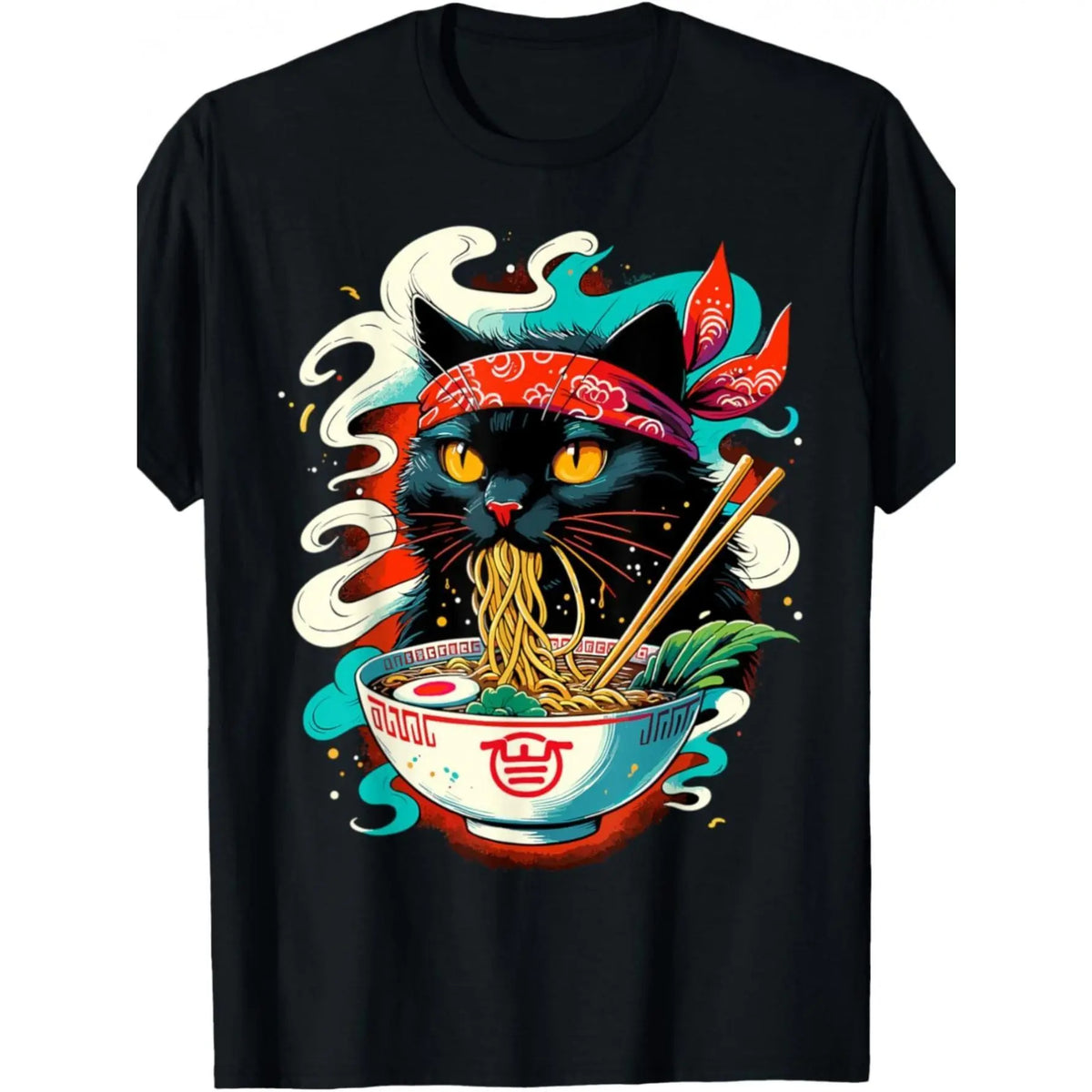 Men's Cute Black Cat Ramen Graphic Crew‑Neck T‑Shirt, Japanese Noodle Bowl Whimsical Art Print Short‑Sleeve Tee Men Tshirts