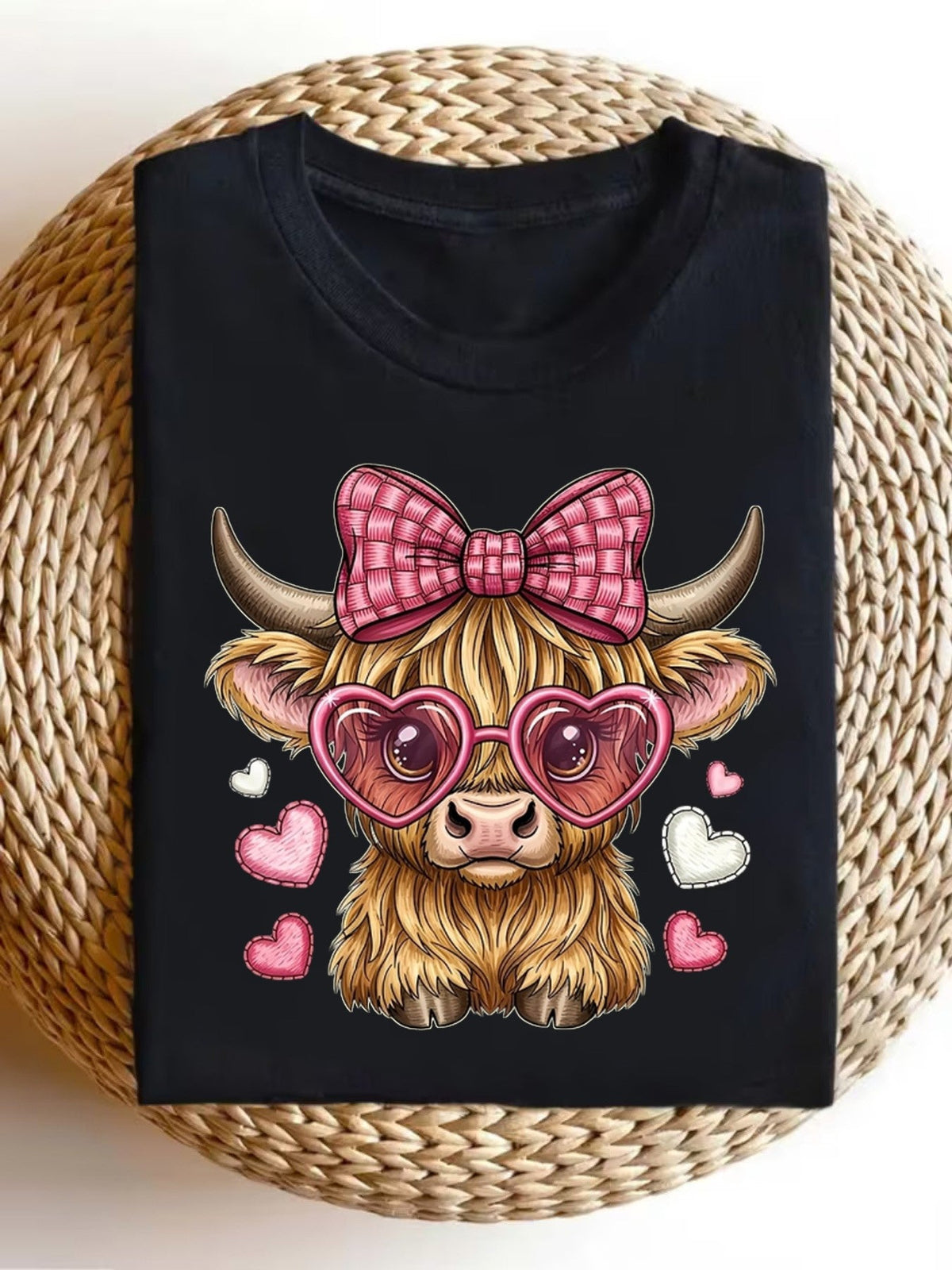 Highland Cow Pink Plaid Bowknot Heart Sunglasses Cute Sweet New Year Print Men'S T-Shirt