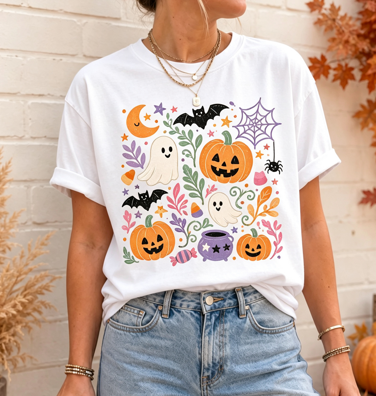 Floral Halloween Graphic T‑Shirt, Spooky Season Pumpkin Ghost Bat Short‑Sleeve Tee，Women Halloween Tshirts