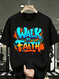 Unisex Walk By Faith Graffiti Graphic T‑Shirt, Blue Orange Splash Paint Street‑Style Christian Short‑Sleeve Crew‑Neck Casual Faith Tee