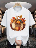Autumn Harvest Novelty Short Sleeve T‑Shirt, Patchwork Quilt Pumpkin Maple Leaves Acorn Thanksgiving Graphic Casual Tee