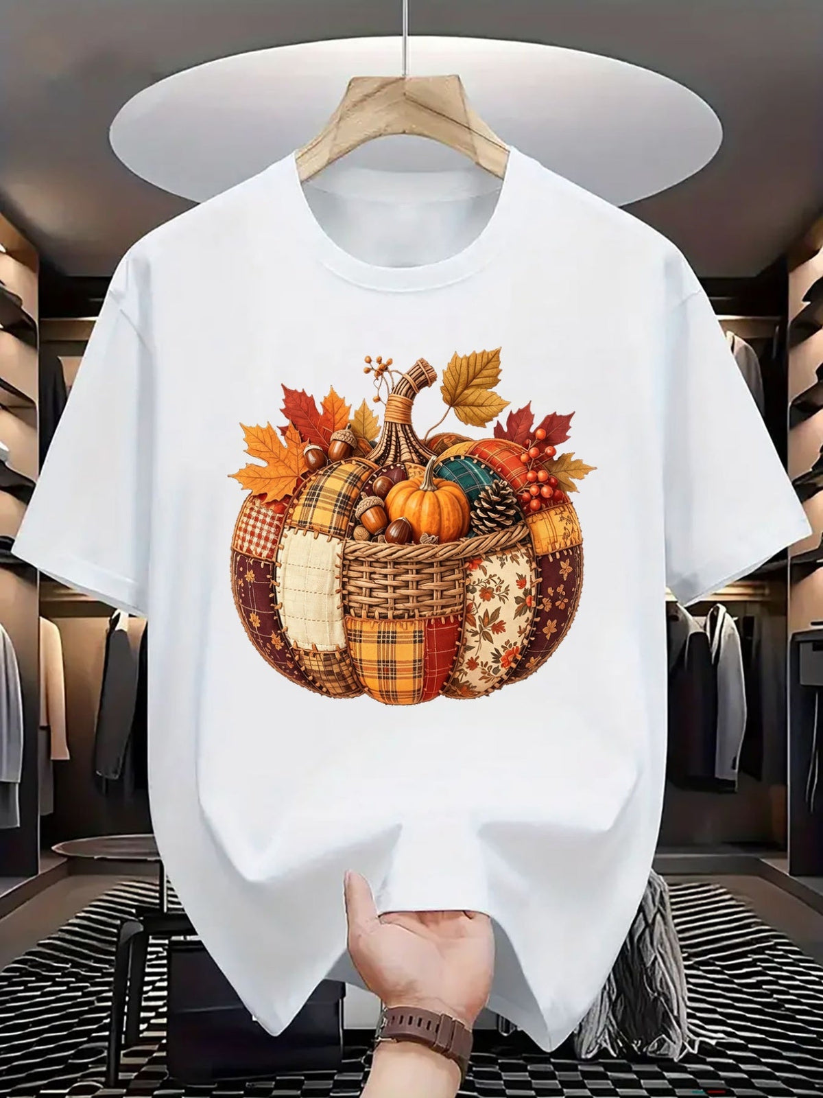 Autumn Harvest Novelty Short Sleeve T‑Shirt, Patchwork Quilt Pumpkin Maple Leaves Acorn Thanksgiving Graphic Casual Tee